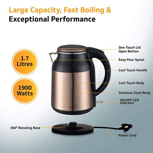 Stainless Steel Electric Kettle with Cool Touch Copper Body